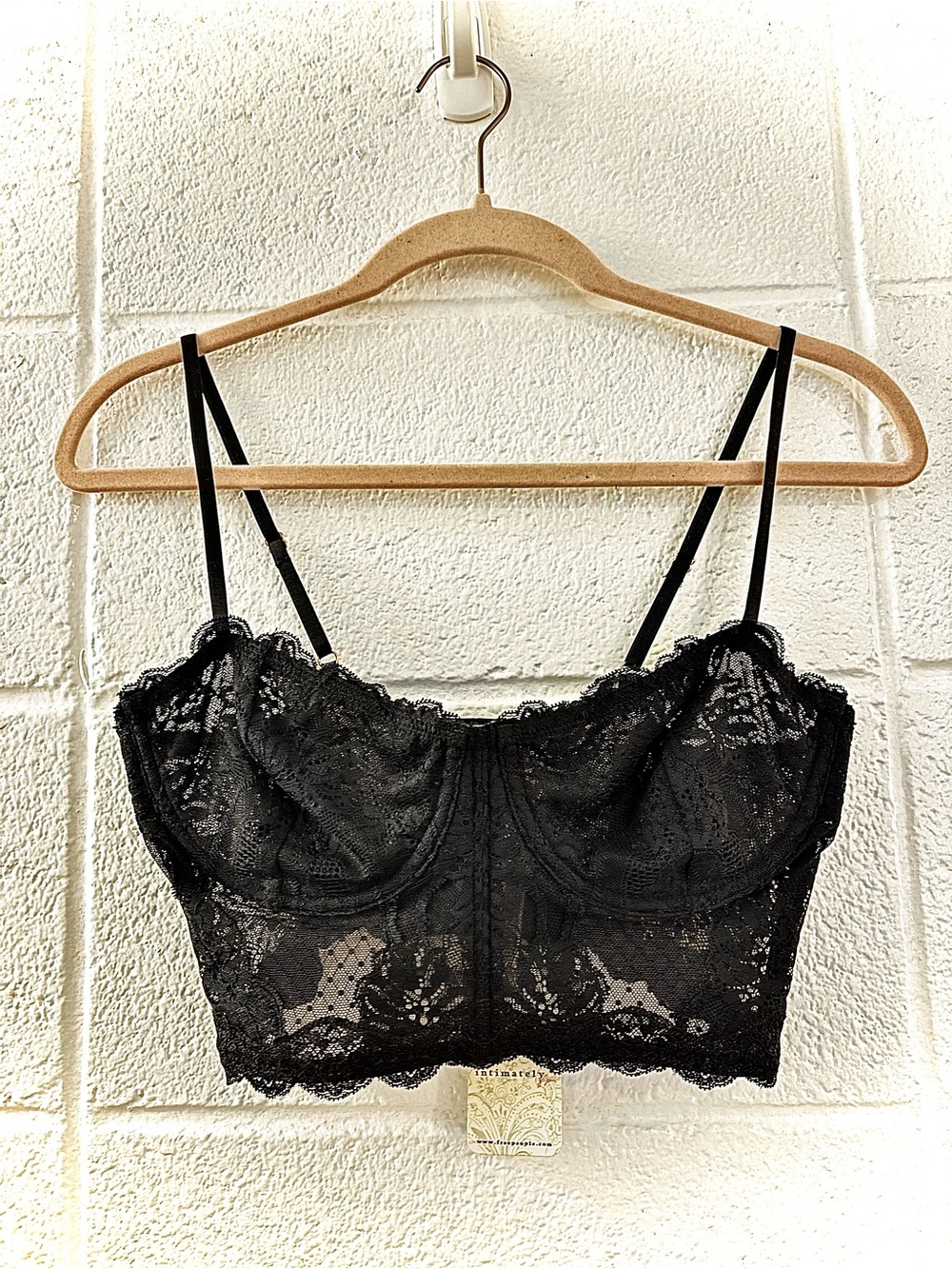 Free People Black Lace Longline Bralette with Adjustable Straps